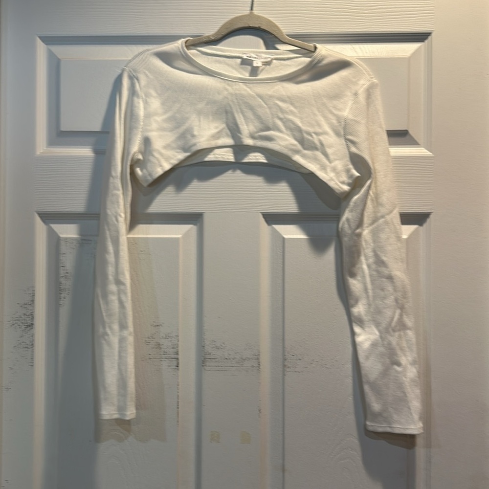 Grey Lab White Ribbed Super Crop Long Sleeved Shrug Top L